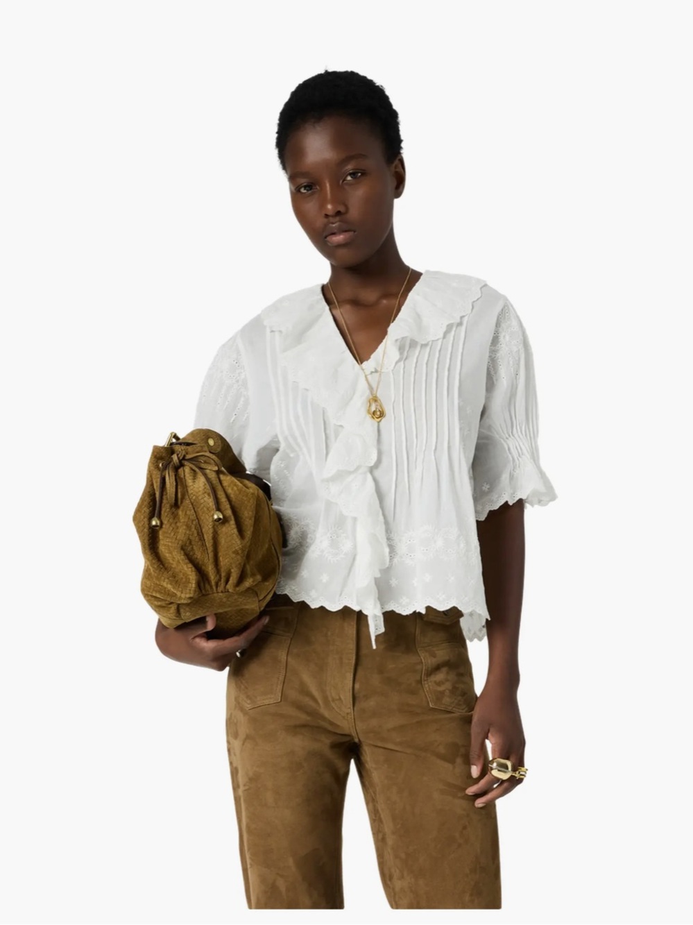 Gerard Darel White Ruffled Eyelet Blouse